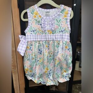 Easter bubble romper gingham bunnies print toddler girl sleeveless ruffle bow